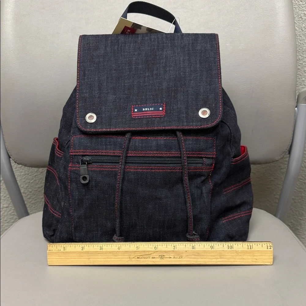 Vintage Relic Denim Backpack with Red Stitching and Matching Pouch